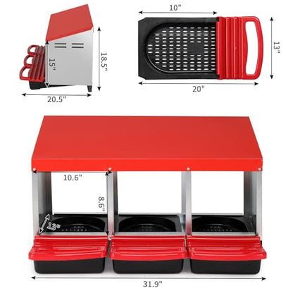 Chicken Nesting Boxes Plastic with Roll Away Egg,3 Compartment Roll Out Chicken Nest Box Egg Laying Box with Lid Cover,Rolling Egg Collection & Protection Chicken Coop for Up to 3 Hens,Red - color: Red, size: 31.9"L x 20.1"W x 18.5"H
