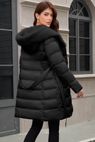 PAPILLON D'OR WEAR YOUR WINGS Women's Long Puffer Coat with Belt, Hood & Furry Lining - Knee-Length Winter Jacket - color: Black, size: Medium