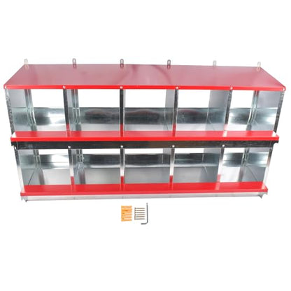 Chicken Nesting Boxes - 10-Compartment Metal Wall-Mounted Poultry Nest Box for Chickens, Hens, and Ducks - Easy Egg Collection - Large Vented Holes - Chicken Coop Equipment