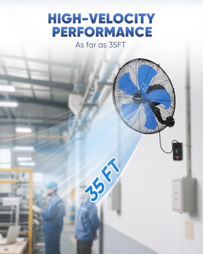KEN BROWN 18 Inch 3-Speed High Velocity Industrial Oscillating Fan, Wall Mount Fan with Max. 4200 CFM, Seperated Switch and 5 Blades, Heavy Duty Metal for Household/Patio/Workshop, Blue - size: 18 Inch Wall Fan