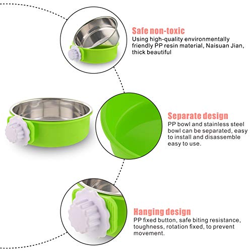 Crate Dog Bowl Removable Stainless Steel Water Food Feeder Bowls Cage Coop Cup for Cat Puppy Bird Pets (Large, Green)