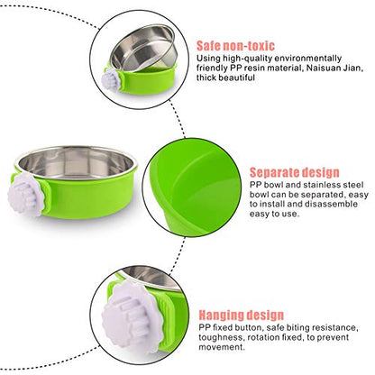 Crate Dog Bowl Removable Stainless Steel Water Food Feeder Bowls Cage Coop Cup for Cat Puppy Bird Pets (Large, Green)