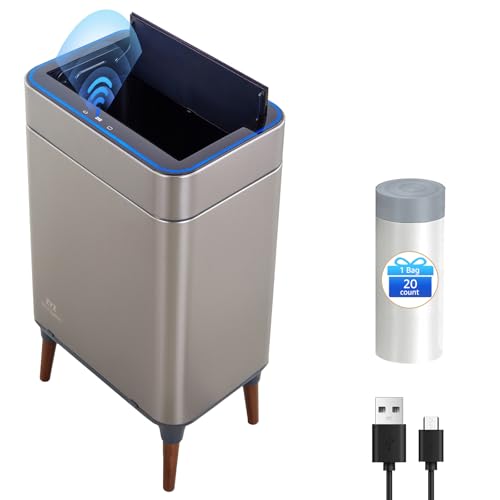 zyz Kitchen Trash Can 13 Gallon / 50L, Automatic Touchless Sensor Garbage Can with Butterfly Lid and Legs, USB 2400mAh Battery, Stainless Steel Soft-Close Trash Bin for Home (20 Count Trash Bags) - color: 20 Count Trash Bags