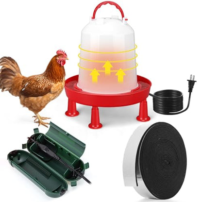 3 Pcs 1.6 Gallon 6l Heated Chicken Waterer Kit, Large Poultry Drinker with Auto-Thermostat Base, All-Season Water Heater Set with Waterproof Extension Cord Cover for Coop Garden Use - size: 1.6 Gallon