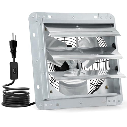Criditpid 10 Inch Shutter Exhaust Fan 820 CFM, Wall Mounted Exhaust Fan with ON/OFF Power Cord for Greenhouse, Chicken Coop, Attic, Shed, Garage, Warehouses Ventilation, Low Noise louvered Vent Fan.
