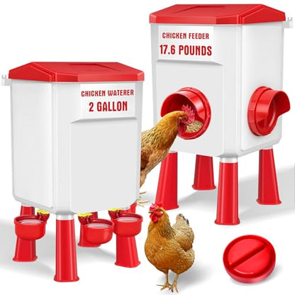 Chicken Feeder and Waterer Set 2 Gallon/17.6 Pounds, Automatic Chick Feeder and Waterer Set No Waste, Poultry Feeder Large for Hens/Ducks/Poultry - color: Red