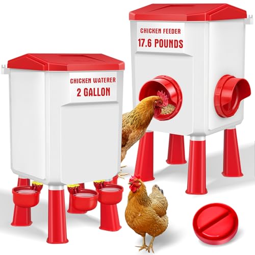 Chicken Feeder and Waterer Set 2 Gallon/17.6 Pounds, Automatic Chick Feeder and Waterer Set No Waste, Poultry Feeder Large for Hens/Ducks/Poultry - color: Red