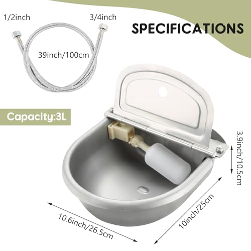 NATGAI Automatic Waterer Bowl with Float Valve and Braided Hose | Stainless Steel Stock Waterer Horse Cattle Goat Sheep Dog Bowl for Livestock Dog Goat Pig(with Drainage Hole)