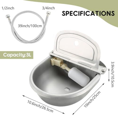NATGAI Automatic Waterer Bowl with Float Valve and Braided Hose | Stainless Steel Stock Waterer Horse Cattle Goat Sheep Dog Bowl for Livestock Dog Goat Pig(with Drainage Hole)