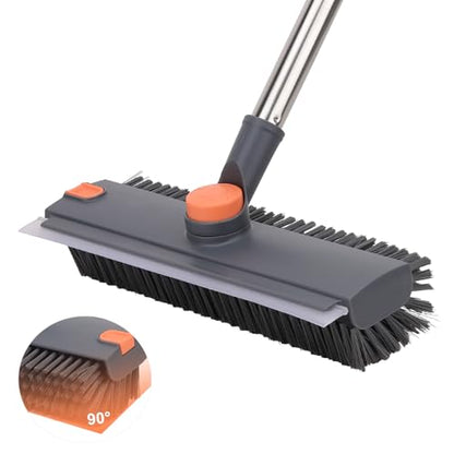 Floor Scrub Brush with 64" Long Handle - 360° Swivel Heads Household Push Brush with Squeegee and Right Angled Bristle for Cleaning Concrete Floors Grout Gardens Patio Deck Concrete Garage Heavy Duty