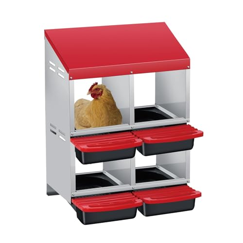 3/4-Hole Metal Chicken Nesting Box with Removable Roll-Out Tray - Easy Egg Collection & Clean Galvanized Steel Laying Box for Hens - for Backyard Coop & Poultry Farm Use - color: Red, size: red 2x2 holes