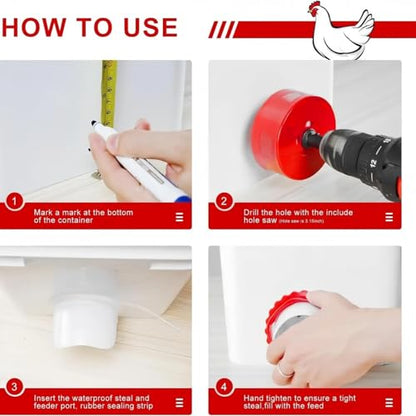 Chicken Feeders No Waste, DIY Automatic Poultry Feeder 8 Ports 1 Hole Saw with Covers Gravity Feed Kit for Buckets Barrels Bins Troughs (Red, 8) - size: 8