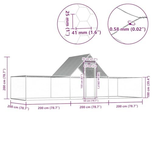 Galvanized Steel Chicken Coop 19.7x6.6x6.6ft Water-Resistant Roof Durable Animal Hutch for Hens Ducks Rabbits Outdoor Indoor Use Silver - size: 19.7' x 6.6' x 6.6' (W x D x H)