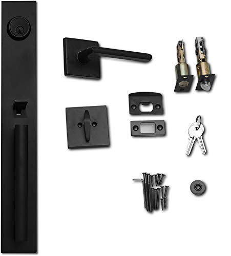 Berlin Modisch Full Escutcheon HandleSet Front Door Entry Handle and Deadbolt Lock Set Slim Square Single Cylinder Deadbolt and Lever Heavy Duty – Iron Black Finish - color: Iron Black, size: Full Escutcheon HandleSet