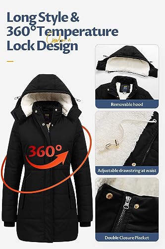 CREATMO US Women's Thicken Sherpa Winter Coat Puffy Warm Snow Jacket With Removable Hood - color: Black, size: Medium