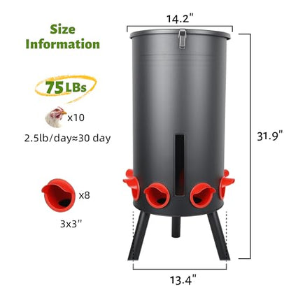KOL 75 LB Large Free Standing Chicken Feeder, Portable Gravity Chicken Feeder Automatic, Dispenser, 8 Feeding Ports Poultry Feeder for Chicken Rooster & Hen (Black)