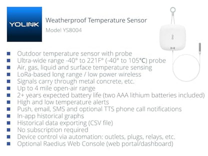 YoLink Weatherproof Fluid, Air, Surface Extreme High/Low Temperature Sensor with Probe, 1/4 Mile Long Range, YoLink Hub Required - size: 2-Year Battery