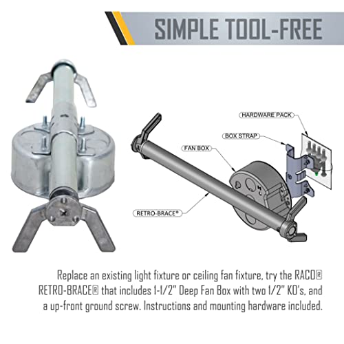RACO RETRO-BRACE 936 1.5-in. Deep Ceiling Fan Box for Old Work 2.5-in. Knockouts, Old Work Electrical Box, Adjustable Brace, and Mounting Bracket for Ceiling Light Fixtures & Chandelier Fans