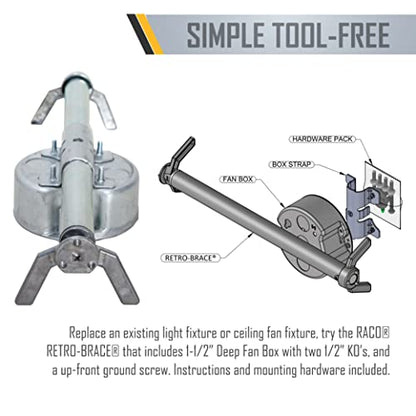 RACO RETRO-BRACE 936 1.5-in. Deep Ceiling Fan Box for Old Work 2.5-in. Knockouts, Old Work Electrical Box, Adjustable Brace, and Mounting Bracket for Ceiling Light Fixtures & Chandelier Fans