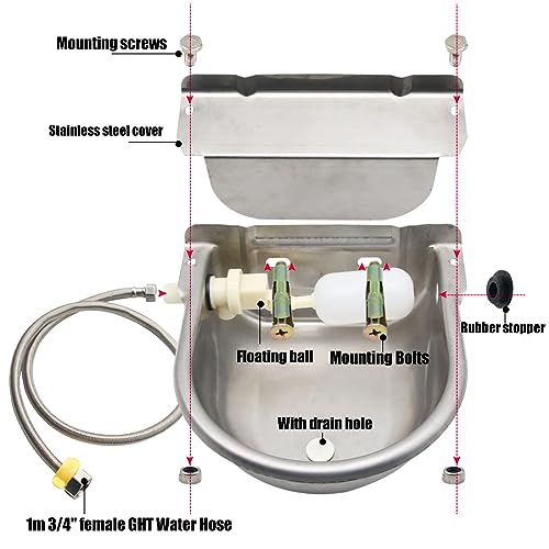 Automatic Animal Drinking Water Bowl with Drain Hole, Float Valve, 304 Stainless Steel Water Bowl for Dog Goat Cowl Chicken Animals, with Hose, Brush, Quick Connector Adapter, Countersunk Bolts