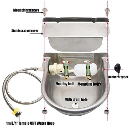 Automatic Animal Drinking Water Bowl with Drain Hole, Float Valve, 304 Stainless Steel Water Bowl for Dog Goat Cowl Chicken Animals, with Hose, Brush, Quick Connector Adapter, Countersunk Bolts