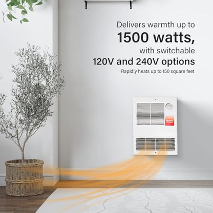 9815WH Large Capacity Electric Wall Heater with Built-in Adjustable Thermostat and Silent Motor, Overheat Protection, 1500 Watts, 120/240 Volts, White