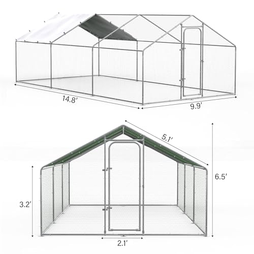 ORANLAND Large Metal Chicken Coop, 14.8x9.9x6.6ft Walk-in Chicken Runs with Cover, Spire Roof Chicken Pen with Security Lock, Outdoor Duck Rabbit Cage Poultry Pen for Backyard, Farm, Yard - size: 177.2"L x 118.2"W x 76.8"H