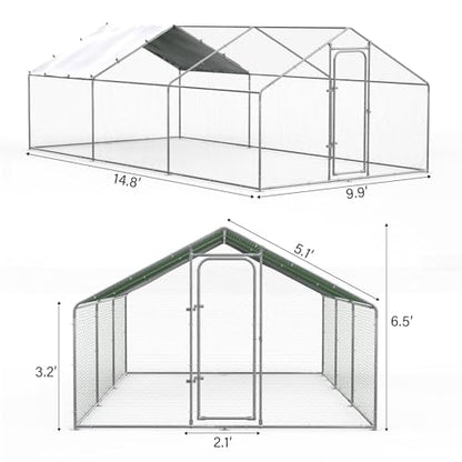 ORANLAND Large Metal Chicken Coop, 14.8x9.9x6.6ft Walk-in Chicken Runs with Cover, Spire Roof Chicken Pen with Security Lock, Outdoor Duck Rabbit Cage Poultry Pen for Backyard, Farm, Yard - size: 177.2"L x 118.2"W x 76.8"H