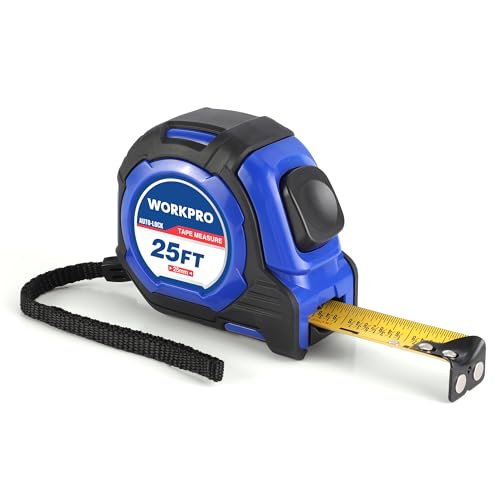 WORKPRO 25FT Auto-Lock Tape Measure, 1/8 Fractions Easy Read Measuring Tape, Double Retract Measurement Tape Accuracy 1/32 for Engineer,with Magnetic Hook, Rubber Protective Casing - color: Blue