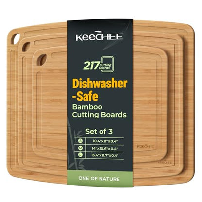 Keechee Dishwasher Safe Bamboo Cutting Boards Durable Lightweight Wood Cutting Board for Busy Kitchen, Easy Clean Wooden Chopping Boards with Juice Groove Set of 3 (L+M+S) - size: Set of 3 (Large + Medium + Small)