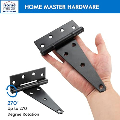 HOME MASTER HARDWARE 6 Inch T-Strap Heavy Duty Shed Door Hinges, Black Tee Hinge for Wooden Fences,Yard Door, Barn Door Gates, Rustproof Wrought Iron with Screws, 2 Pack - size: 6 in-2 Pack