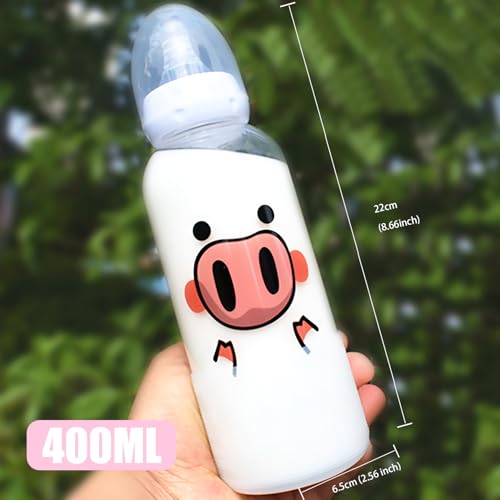 CutiePlusU Adult Glass Feeding Bottle Cute Printed Large Size Baby Bottles Pig Nose 13.5Oz/400ML - color: Pig Nose