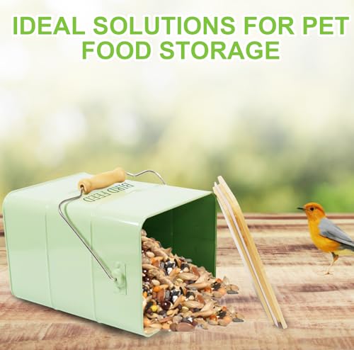 Metal Bird Seeds storage container,Outdoor Bird Container Canister, Pet Food Bin with Wooden Lid/Handle/Food scoop,hold 5-6 Lbs of Wild Bird Seed Sunflower Seed-Preventing Squirrels-Green