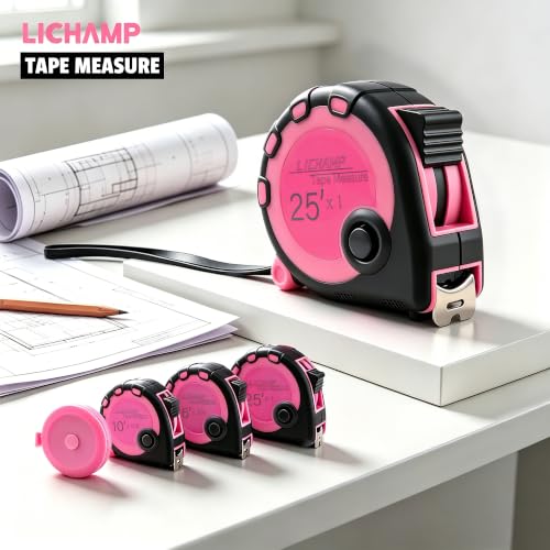 Lichamp Pink Tape Measure 4 Pack, with Soft Tape Measures, 10ft x 5/8in, 16ft x 3/4in, 25ft x 1in, 04MXPK