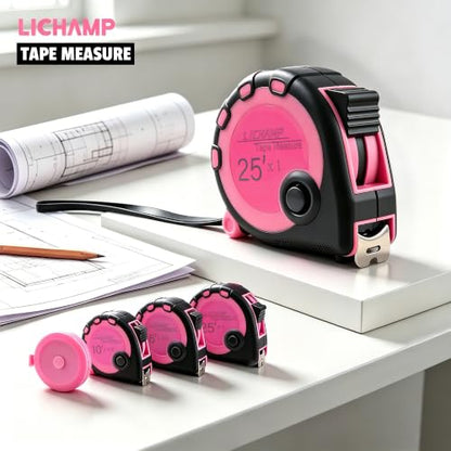 Lichamp Pink Tape Measure 4 Pack, with Soft Tape Measures, 10ft x 5/8in, 16ft x 3/4in, 25ft x 1in, 04MXPK