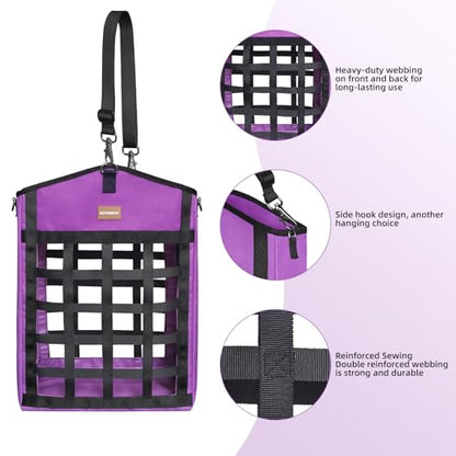 Innovative Hay Bags for Horses, Goat Hay Feeder with Reinforced Oxford Fabric and High Strength Metal Clasp,Horse Feeding Supplies with Adjustable Strap for Easy Hanging (2Purple+1Black)