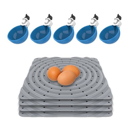 Lil'Clucker Chicken Water Cups and Nesting Set Blue – 5pc Blue Large Automatic Chicken Water Cups, Chicken Water Feeder | 4 Washable Gray Chicken Nesting Pads for Laying Eggs, Durable Chicken Bedding