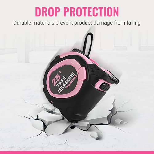 WORKPRO 25-FT Tape Measure with Fractions, 3 Brakes Retractable Measuring Tape, Compact Measurement Tape with Magnetic Hook, Nylon Coating Blade Accuracy 1/32”, Pink - style: 25-FT