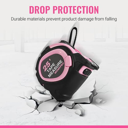 WORKPRO 25-FT Tape Measure with Fractions, 3 Brakes Retractable Measuring Tape, Compact Measurement Tape with Magnetic Hook, Nylon Coating Blade Accuracy 1/32”, Pink - style: 25-FT
