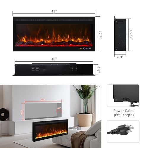 42 Inch Smart Wall Mount & in Wall Recessed Electric Fireplace Insert,App Control, Multi Colors of Flame & Fuel Bed,Timer & Thermostat & Low Noise,750W/1500W Indoor Heater, Black - size: 42 Inch WiFi