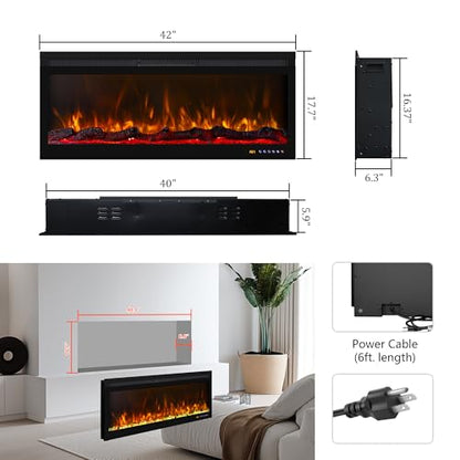 42 Inch Smart Wall Mount & in Wall Recessed Electric Fireplace Insert,App Control, Multi Colors of Flame & Fuel Bed,Timer & Thermostat & Low Noise,750W/1500W Indoor Heater, Black - size: 42 Inch WiFi