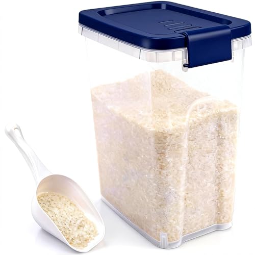 Tight-Lock Rice Container 10-15 Lbs - Airtight Flour Container with Scoop - Plastic Food Storage Container for Cereal, Sugar - Dry Food Dispenser for Kitchen, Pantry Organizers and Storage - Dark Blue - color: Dark Blue