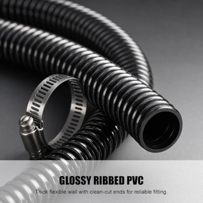 1-1/4 Inch Pond Tubing, 20ft Black Corrugated Flexible PVC Pond Hose with 4 Stainless Steel Hose Clamps, Kinkproof and Strong for Pond Pump Fountain Garden Waterfall. - size: 1-1/4" ID, style: 20 ft