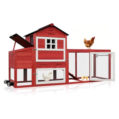 Chicken Coop with Wheels for 4-6 Chickens, Mobile Hen House with Run, Outdoor Chicken Coop, Ventilated Window, Easy-Clean Nesting Box, Weatherproof Asphalt Roof, 82.7” L x 25.6” W x 44.1” H, Red - color: Red