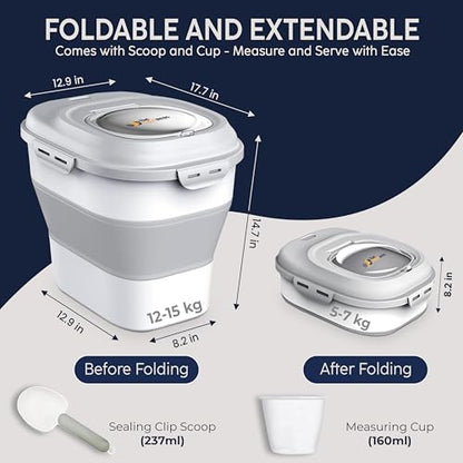 Dog Food Storage Container 30-35 lb, Airtight Collapsible Cute Dog Food Container with Wheels & Scoop, Stackable Pet Food Storage Container for Dog & Cat Food - color: Grey & White