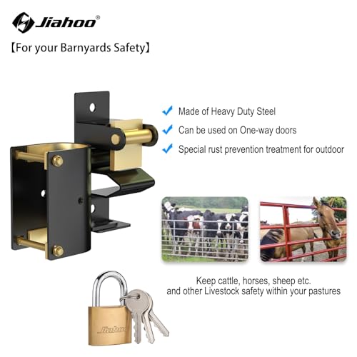 JIAHOO One Way Farm Gate Latch, Heavy Duty Gate Latches for Metal Tube Gates, Lockable Livestock Gate Hardware for Cattle Gate Horse Corrals, Ranches, Pastures, Pet Cages, with Brass Padlock & 3 Keys - style: One Way Latch & Padlock