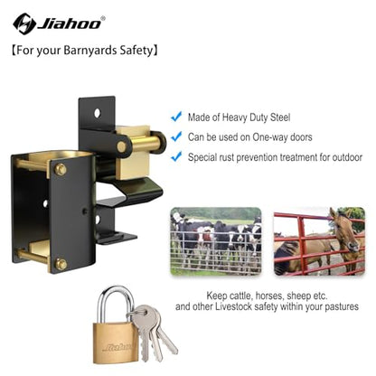 JIAHOO One Way Farm Gate Latch, Heavy Duty Gate Latches for Metal Tube Gates, Lockable Livestock Gate Hardware for Cattle Gate Horse Corrals, Ranches, Pastures, Pet Cages, with Brass Padlock & 3 Keys - style: One Way Latch & Padlock