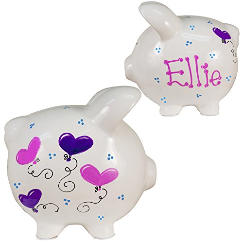My Bambino Girl's Hand Painted Personalized Pink Ladybug Piggy Bank Large White Ceramic piggybank Baby Gift (Heart Balloons) - color: Heart Balloons