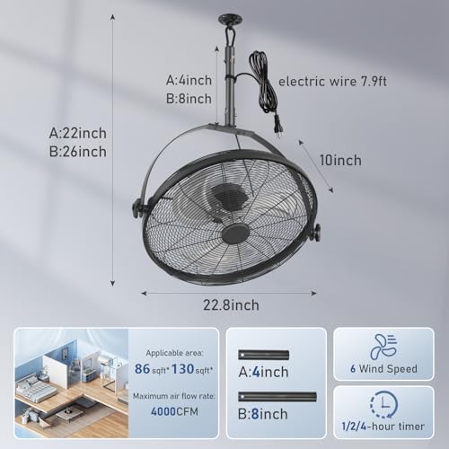 AHAWILL 22.8" Gazebo Patio Outdoor Fan - 360 Rotatable Fixed Angle, Plug-in, 6 Speeds, Timer & Reversible, 2-in-1 Hanging/Standing for Tool Room,Garage. - size: 23inch-no light