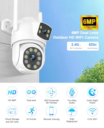 EVERSECU Dual Lens Linkage 6MP WiFi PTZ Security Camera Outdoor, 360° View, Auto Tracking, Motion Detection, Color Night Vision, 2-Way Audio, Compatible with Alexa(4pack) - size: Full